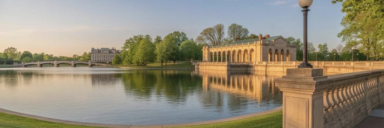 A historic pavilion and lake in a Buffalo park at golden hour