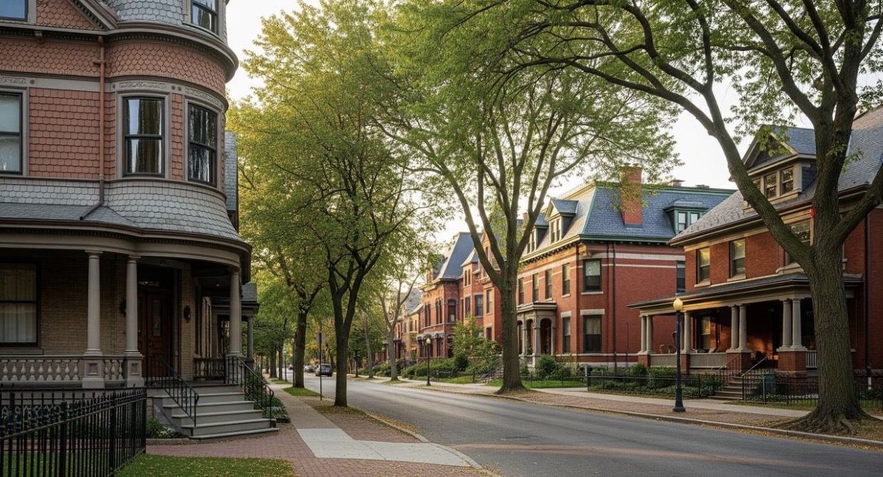 A tree-lined street of historic Western New York homes