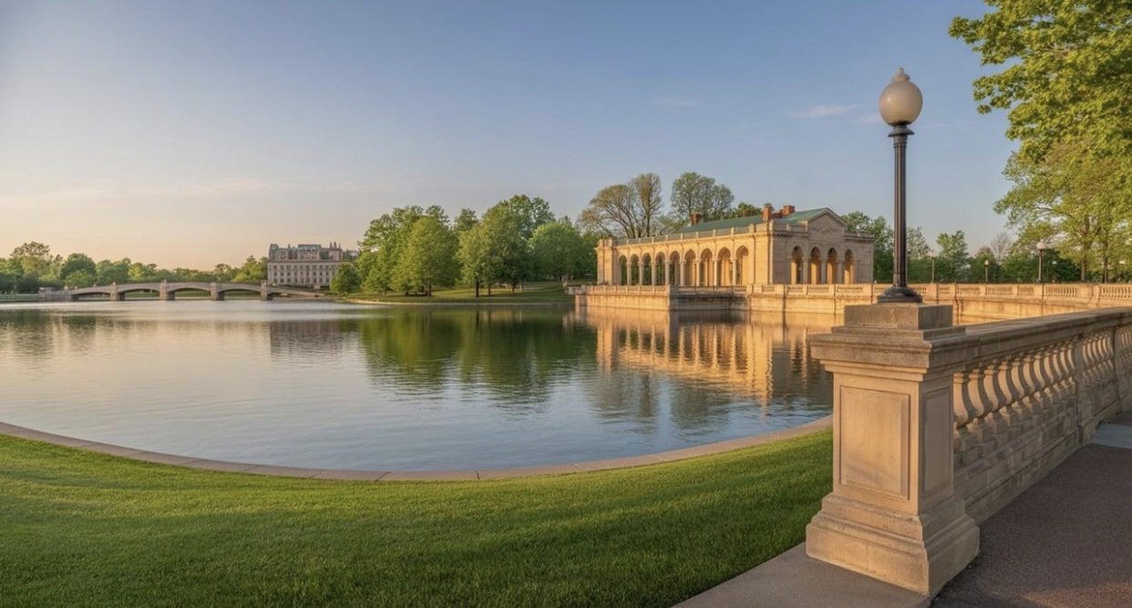 A historic pavilion beside a Buffalo park lake at golden hour