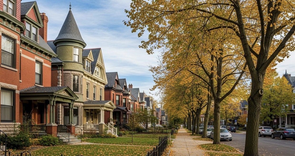 Victorian homes along a Western New York street in autumn